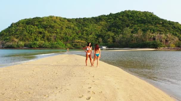 两个穿着比基尼的年轻女友站在海滨聊天 美丽的女人在热带度假胜地休息 — 图库视频影像