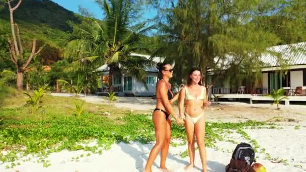 Twee Jonge Vriendinnen Die Aan Zandige Zeekust Staan Elkaar Vijf — Stockvideo
