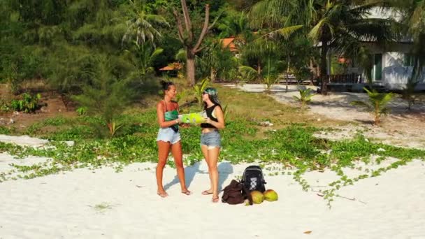 Zwei Junge Freundinnen Stehen Mit Gepäckstücken Neben Ihnen Der Sandküste — Stockvideo