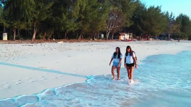 Meninas Andando Com Mochilas Praia Areia — Vídeo de Stock