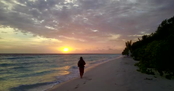 Silhouette Einer Frau Die Bei Sonnenuntergang Sandstrand Spaziert — Stockvideo