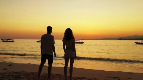 Dramatisk Solnedgång Över Havet Och Tropisk Strand Unga Par Står — Stockvideo