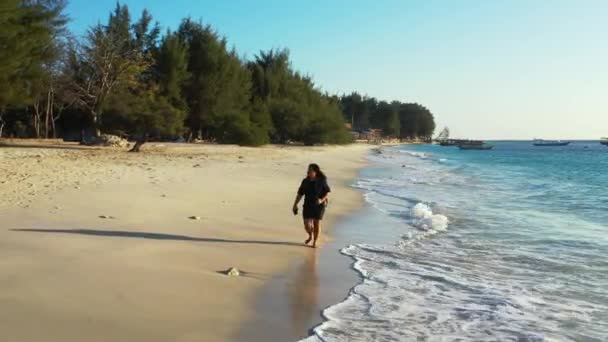 Frau Mit Rucksack Spaziert Strand — Stockvideo