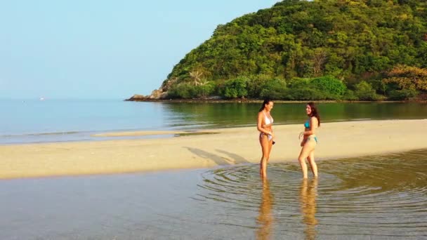 Genç Kız Bikinili Deniz Kıyısında Dinleniyor Konuşuyor Tropik Tatil Beldesinde — Stok video