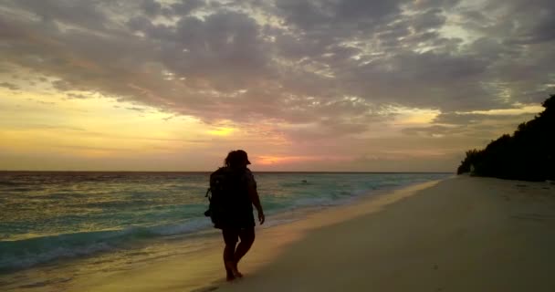 Silhouette Einer Frau Die Bei Sonnenuntergang Sandstrand Spaziert — Stockvideo