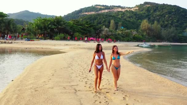 Dos Amigas Jóvenes Bikini Caminando Por Costa Del Mar Hablando — Vídeos de Stock