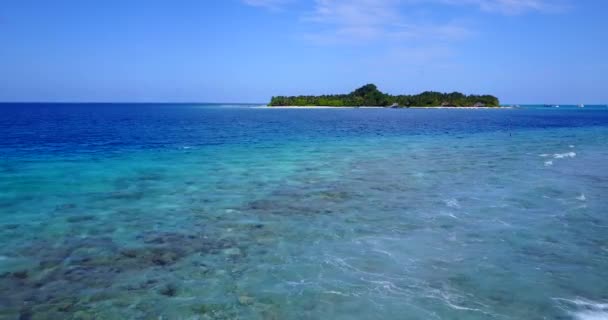 ターコイズブルーの海の波 ヤシやサンゴ礁 夏休みとモルディブの島のドローンビュー — ストック動画