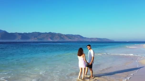 Man Met Zijn Aantrekkelijke Vriendin Ontspannen Het Strand Voorkant Van — Stockvideo