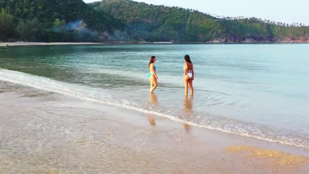 两个穿着比基尼的年轻女友在海滨的水里 美丽的女人在热带度假胜地休息 — 图库视频影像