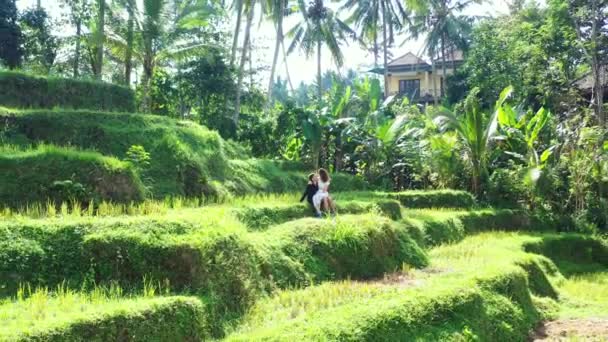 Gorgeous Woman Sitting Boyfriend Knees Green Field Island Travel Concept — Stock Video