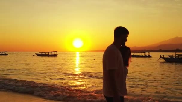 Uitzicht Een Paar Wandelen Het Zandstrand Avond — Stockvideo