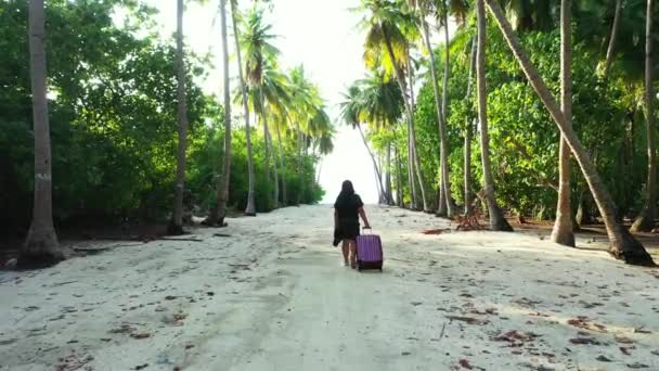 Kvinna Promenader Stranden Med Bagage — Stockvideo