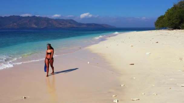 Donna Che Cammina Con Attrezzatura Pinne Sulla Spiaggia Estiva — Video Stock