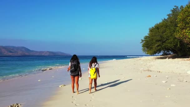 Счастливые Девушки Рюкзаками Гуляющие Пляжу — стоковое видео