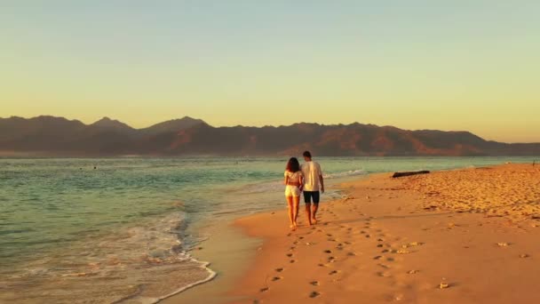 Blick Auf Ein Paar Das Abend Sandstrand Spaziert — Stockvideo