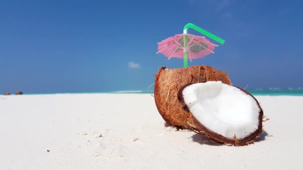 白い砂浜のカクテルチューブと背景の美しい波とココナッツのビデオ — ストック動画