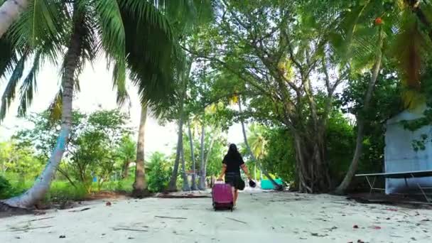 Mulher Andando Com Mala Ilha Tropical — Vídeo de Stock