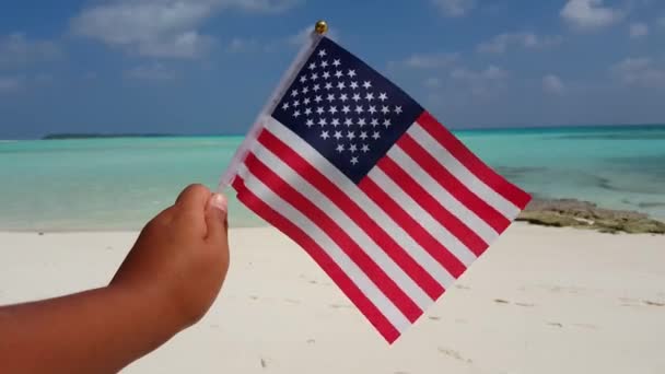 在海滩上举着美国国旗的人 多米尼加共和国 加勒比的夏季风景 — 图库视频影像