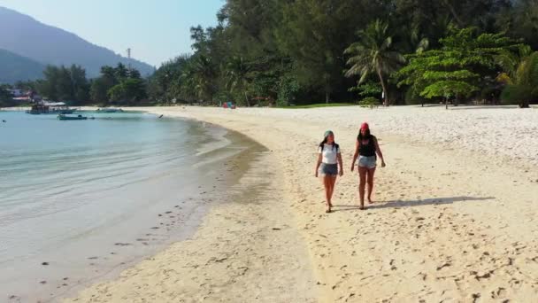 ビーチを歩いている2人の女性の友人の上からの映像 — ストック動画
