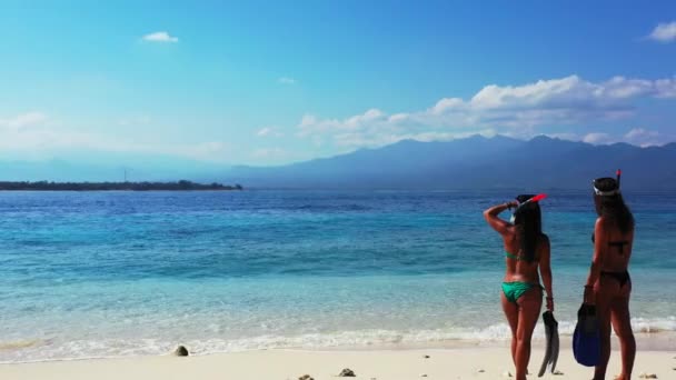 Deux Femmes Avec Équipement Palmes Sur Plage Été — Video