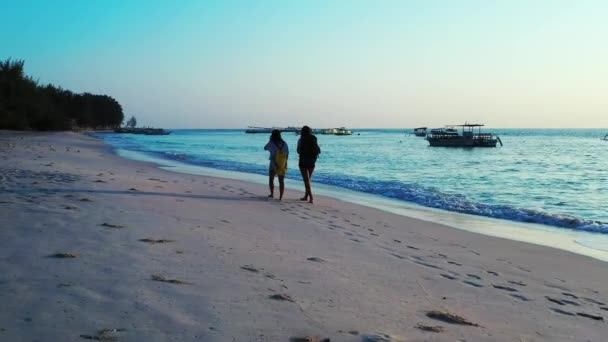 Κορίτσια Περπάτημα Σακίδια Στην Αμμώδη Παραλία — Αρχείο Βίντεο
