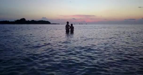 日没時に海に立つロマンチックなカップル — ストック動画