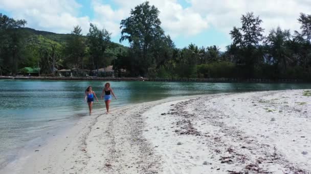 Utsikt Över Flickor Promenader Sandstranden Talar Något — Stockvideo