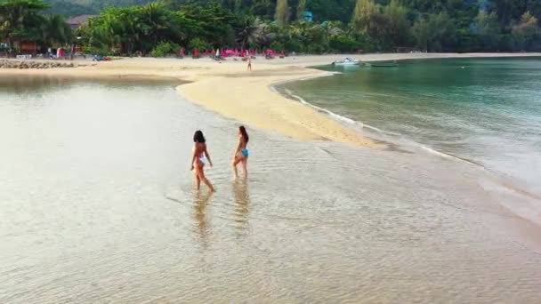 两个穿着比基尼在海里散步的年轻女友 美丽的女人在热带度假胜地休息 — 图库视频影像