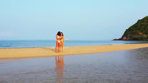 Twee Jonge Vriendinnen Bikini Die Aan Zeekust Naar Iets Kijken — Stockvideo