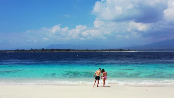 Ζευγάρι Στην Αγάπη Στέκεται Στην Παραλία Κοντά Στον Όμορφο Ωκεανό — Αρχείο Βίντεο