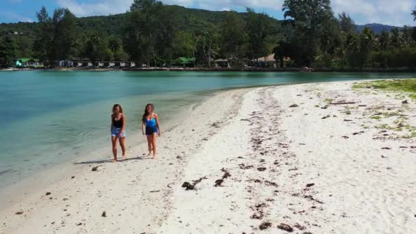 Vista Meninas Andando Praia Areia Falando Sobre Algo — Vídeo de Stock