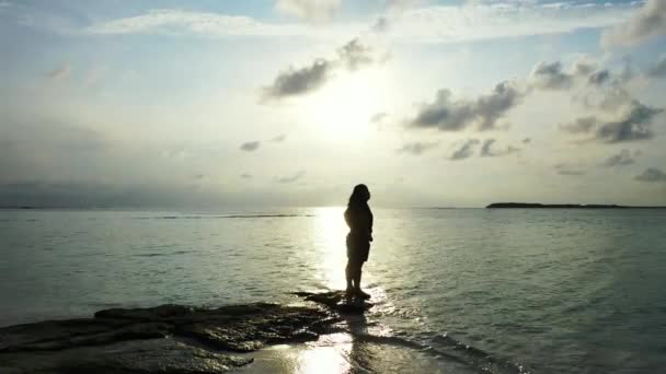 Vrouw Staand Tropisch Strand Bij Zonsondergang — Stockvideo