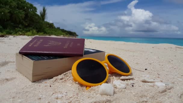 Sonnenbrille Mit Reisepass Und Buch Strand Landschaft Australiens Ozeaniens — Stockvideo