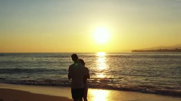 Θέα Ενός Ζευγαριού Που Στέκεται Και Αγκαλιάζει Την Αμμώδη Παραλία — Αρχείο Βίντεο