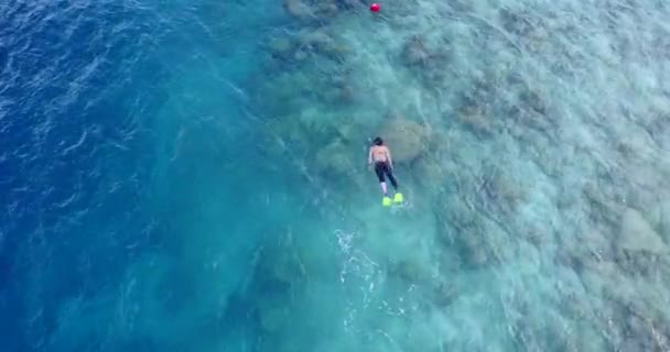 两个人在碧绿的蓝绿色水晶清澈的加勒比海上游泳和潜水的空中照片 那里有美丽的珊瑚礁和海底岩石 — 图库视频影像