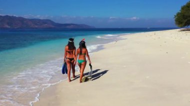 Yaz plajında yüzgeç teçhizatlı mutlu kadınlar