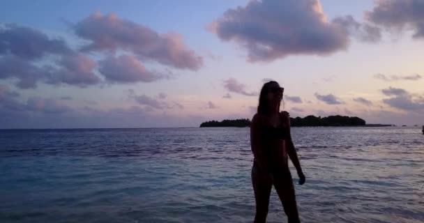 Imagens Silhuetas Menina Andando Praia Noite — Vídeo de Stock