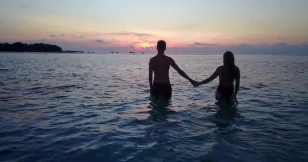 Glückliches Paar Steht Bei Sonnenuntergang Ozean — Stockvideo