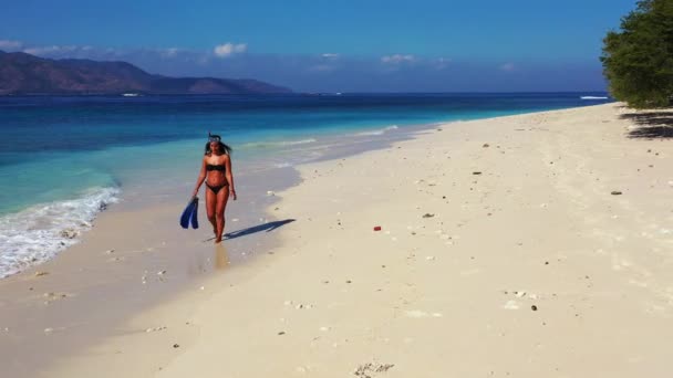 Γυναίκα Μπικίνι Που Περπατάει Βατραχοπέδιλα Στην Καλοκαιρινή Παραλία — Αρχείο Βίντεο