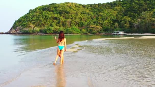 Zwei Junge Freundinnen Bikini Stehen Meerwasser Und Machen Ein Selfie — Stockvideo