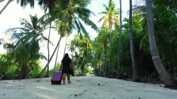 Woman Walking Suitcase Tropical Island — Stock Video