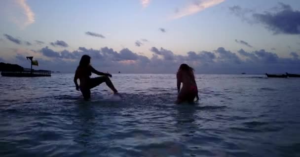 Filmati Silhouette Ragazze Che Giocano Sul Mare Sera — Video Stock