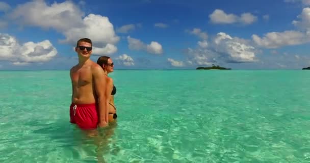 ハワイ州の美しいエキゾチックなビーチでロマンチックな新婚旅行のカップル — ストック動画