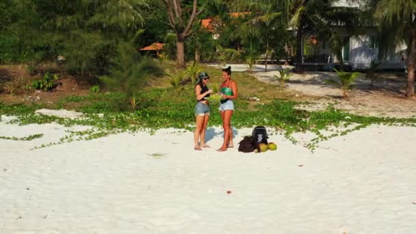 两个年轻的女朋友站在沙滩上 身边背着行李 看着地图 为将来的旅行和谈话做准备 美丽的女人在热带度假胜地休息 — 图库视频影像