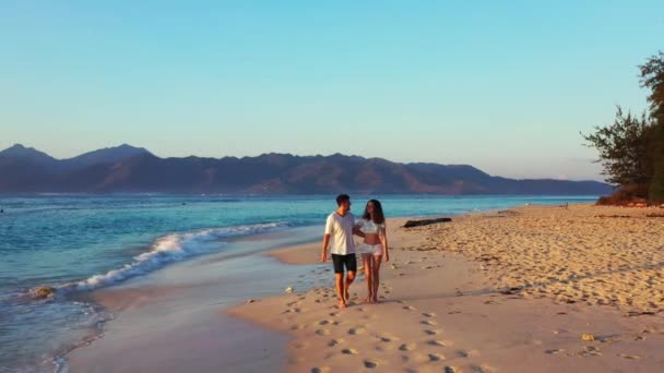 Blick Auf Ein Paar Das Abend Sandstrand Spaziert — Stockvideo