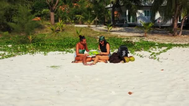 Dwie Młode Dziewczyny Siedzą Piaszczystym Wybrzeżu Morza Bagażem Obok Nich — Wideo stockowe