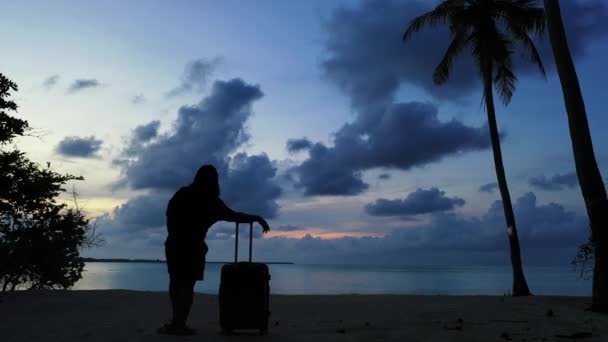 日落时带着手提箱在海滩上的女人的轮廓 — 图库视频影像
