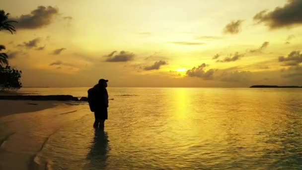 Frauensilhouette Vor Sonnenuntergang Mit Rucksack Strand — Stockvideo