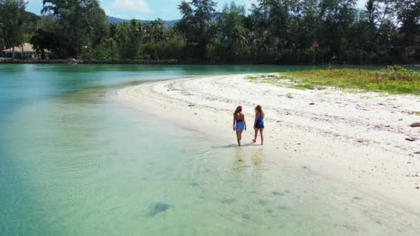 Vista Las Niñas Caminando Playa Arena Hablando Algo — Vídeo de stock