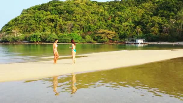Dwie Młode Dziewczyny Bikini Odpoczywające Wybrzeżu Piękne Kobiety Tropikalnym Kurorcie — Wideo stockowe